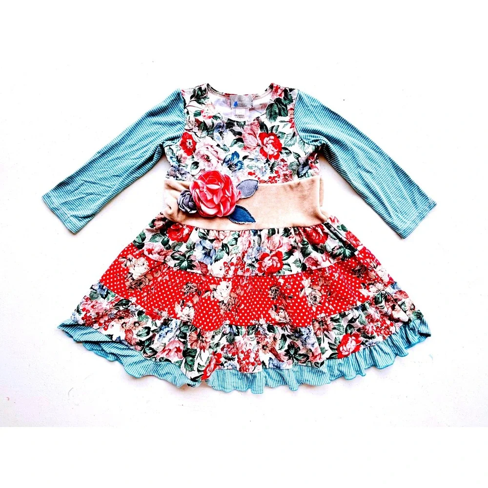 Boutique Floral Polka Dot Tiered Ruffle Dress Toddler 2T Red Blue Excellent